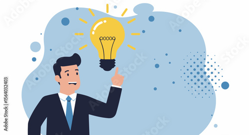 Businessman with Bright Idea and Inspiration. Businessman points at a glowing lightbulb, symbolizing a new idea, inspiration, creativity, or a sudden realization