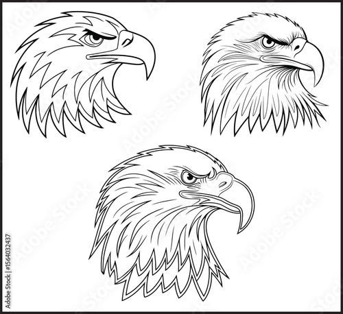 Set of Three Eagle Head Profiles with Detailed Outline Style Vector Icons