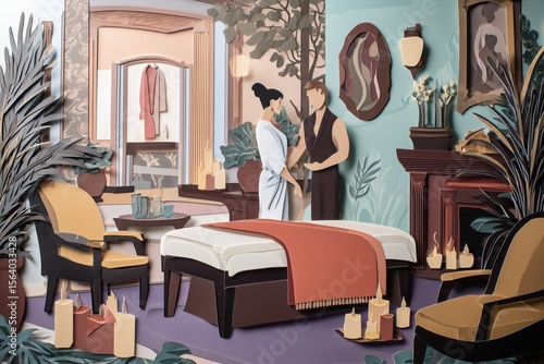 invitation marketing template of exclusive spa massage relax service with a happy young couple, the vibe is elegnant and luxury, minimalistic cut out paper style