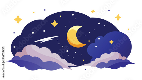 Evening night sky illustration with moon stars and clouds on a white background