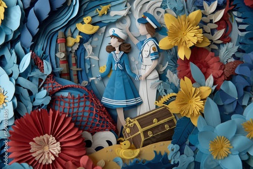 birthday party invitation with a happy boy sailor in blue sailor clothes, a treasure chest, a shipwreck, sand and a beach, the vibe is playful and energetic, minimalistic cut out paper style