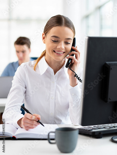 Smiling young woman in white shirt talking on the phone and taking notes