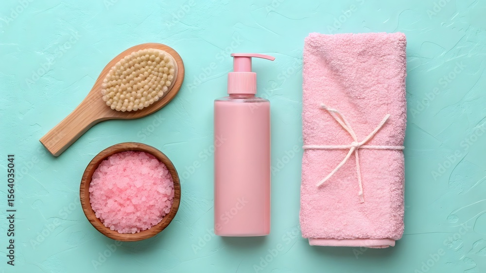 Naklejka premium Pastel Spa Flat Lay with Pink Skincare Products and Accessories