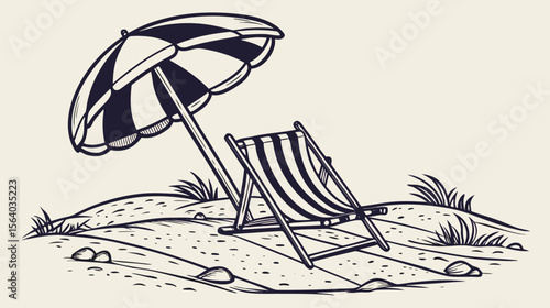 Vintage Beach Chair and Umbrella Illustration - Hand Drawn Summer Sketch
