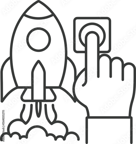  Hand Pressing Launch Button Beside Blasting Rocket, Symbolizing Startup Business Initiation, Project Launch, Innovation, New Idea Development, and Space Exploration Ventures in Line Art
