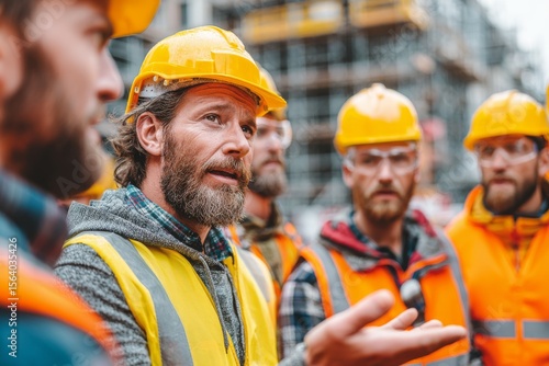 Construction foreman in yellow vest giving instructions to workers on a busy site. Represents teamwork, safety, communication, and leadership in construction.