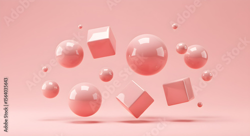 Glossy spheres and cubes floating on pastel pink background with soft shadows. AI