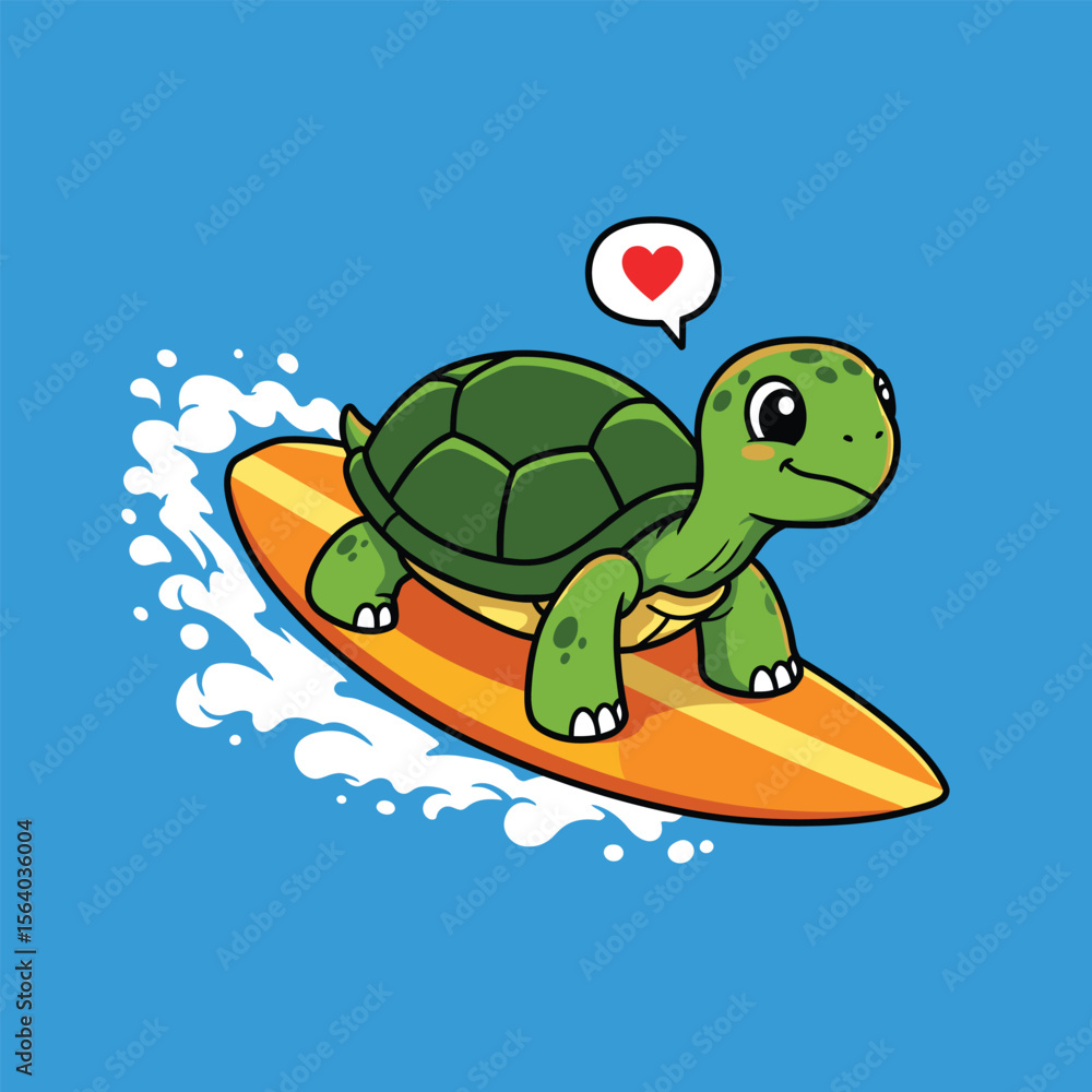 Obraz premium Adorable cartoon turtle happily surfing on a surfboard with a heart above its head vector illustration