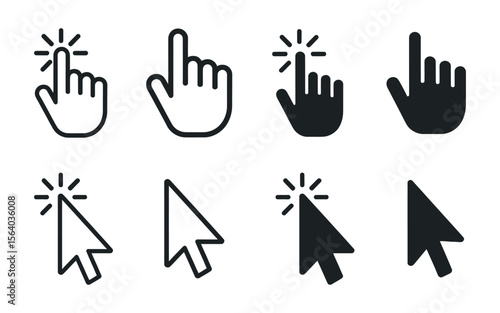 Collection of hand and arrow cursor icons for clicking and selecting on computer screens Set various click select with cursors click select mouse