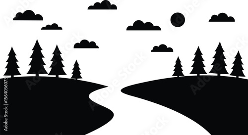 Minimalist Landscape Silhouette with Pine Trees, Winding River, Clouds, and Sun, Representing Nature, Outdoor Scenery, Wilderness, and Serene Environment in Graphic Style