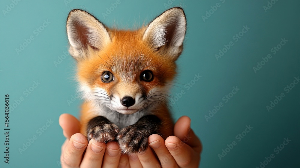 Obraz premium Tiny red fox cub held in hands against teal background