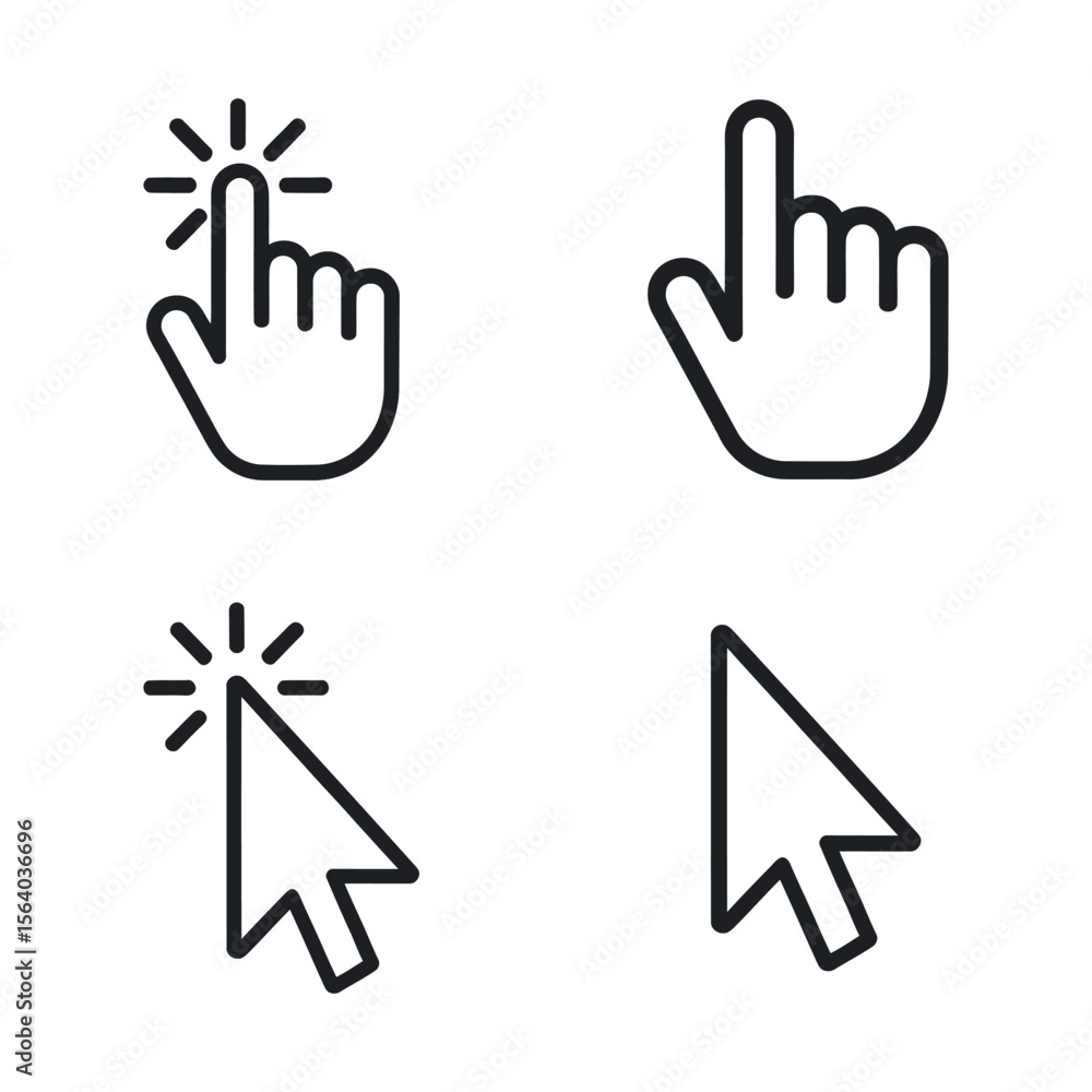 Obraz premium Four different cursor icons for computer mouse or touch screen interaction Simple black line representing actions hand pointer click select icon interface design