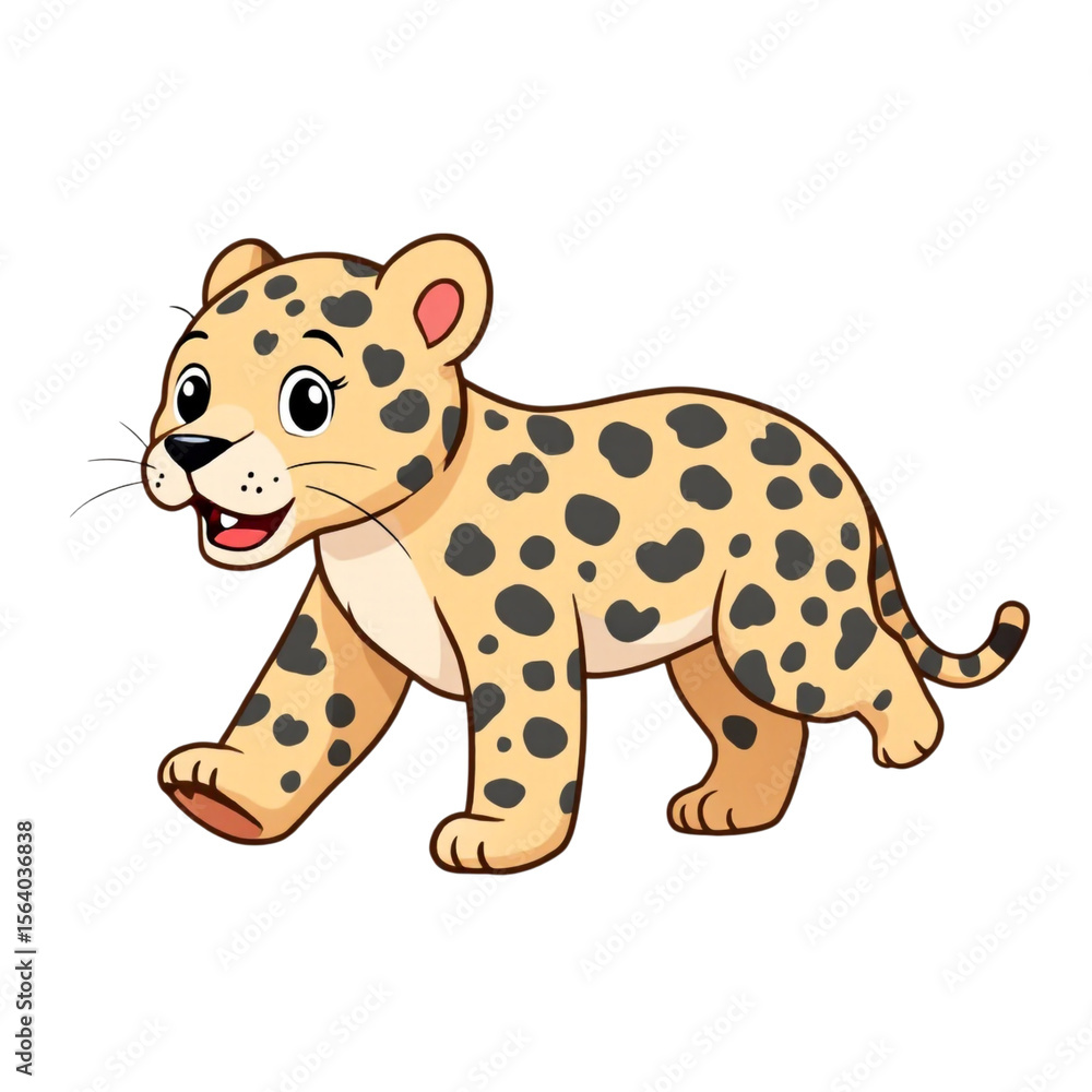 Obraz premium Cute Cartoon Leopard Cub Walking with a Happy Expression on Black Background