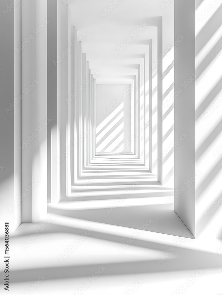 Obraz premium Abstract white corridor with dramatic diagonal sunlight and shadow patterns