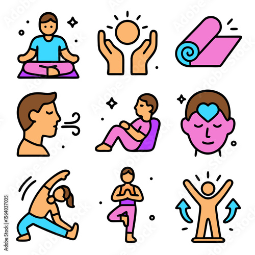 Yoga colorful icons represent diverse mindfulness and yoga practices. Ideal for wellness websites, social media posts, and meditation apps.