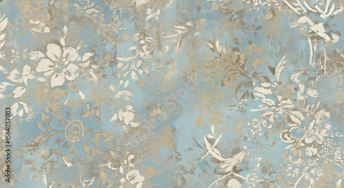 Soft blue vintage floral wallpaper pattern with beige and white flowers, ideal for classic interior designs, elegant wall coverings, and decorative backgrounds.

