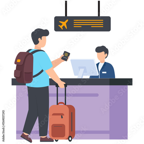 Checking in at the airport counter, Flat Illustration	