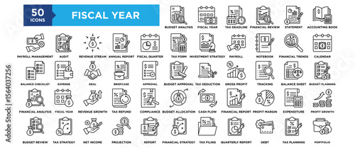 50 Fiscal Year icon set. Containing design Budget Analysis, Fiscal Year, Tax Deadline, Financial Review, Income Statement, Accounting Book