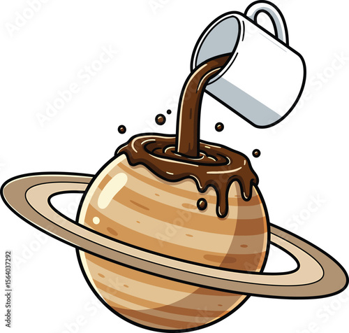 A planet with rings being doused in chocolate syrup from a white mug vector illustration