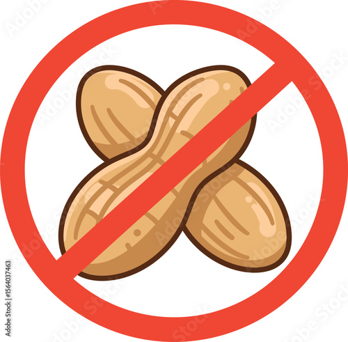 Illustration of a red prohibition sign with peanuts inside indicating a peanut free zone vector illustration