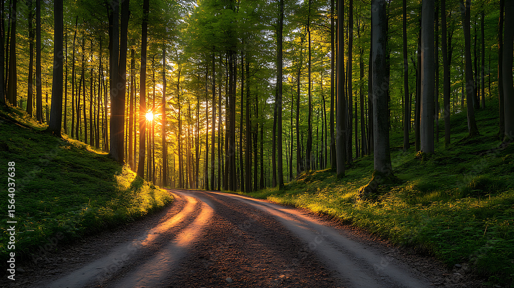 Obraz premium Sunlight streaming through tall trees along a forest path creating a serene and peaceful atmosphere