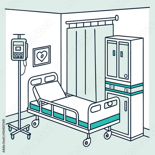  Hand-Drawn Hospital Room with Bed and IV Drip