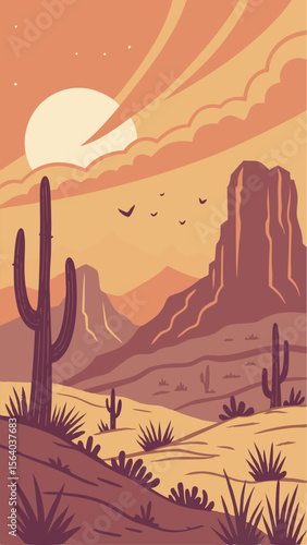 Scenic vector illustration depicting a desert landscape with cacti and mountains under a sunset