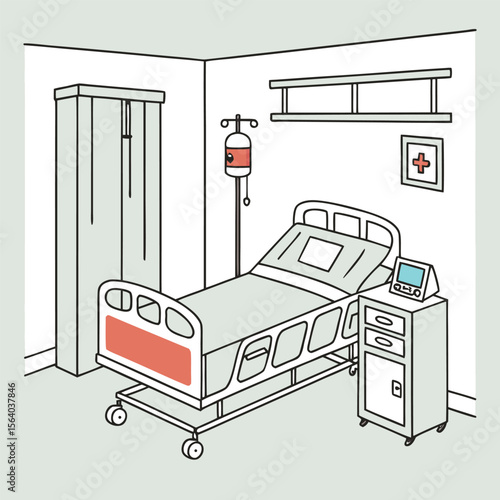  Hand-Drawn Hospital Room with Bed and IV Drip