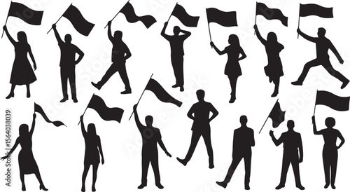 Silhouette of People with Flags Vector Illustration