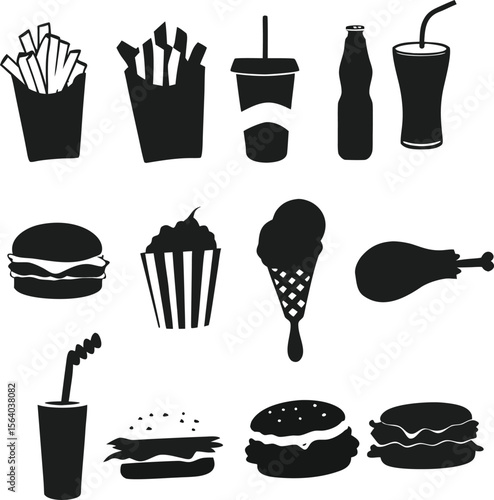 Black and White Fast Food Icons Set French Fries Burgers Soda Ice Cream Popcorn Chicken Nuggets vector