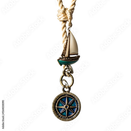 Nautical charm necklace with sailboat and compass isolated on transparent background