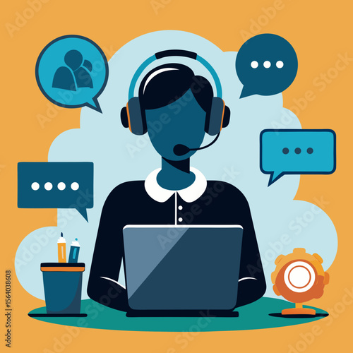 Customer service representative with headset and laptop communicating with clients