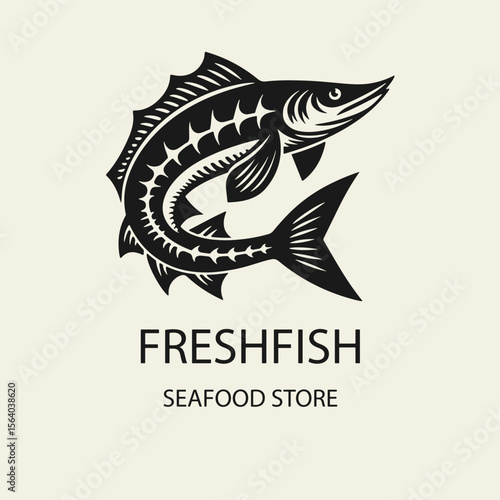 Black and white flat vector logo of a sturgeon fish. Perfect for fresh seafood market branding and packaging. Clean silhouette design with a vintage feel.