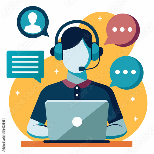Customer service representative with headset and laptop communicating with clients