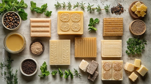 Soap making supplies with molds, lye, oils, cutters, and packaging styled for handmade DIY scenes about artisan crafts, natural beauty products, and self-care hobby visuals