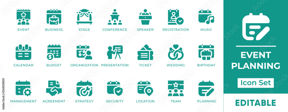 Fototapeta premium Event Planning Icon Set. Features icons of scheduling, invitations, catering, logistics, guest list, venue setup, and checklists. Perfect for events, business, and marketing.