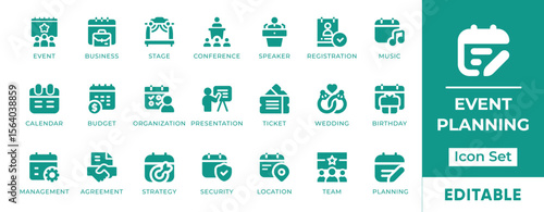 Event Planning Icon Set. Features icons of scheduling, invitations, catering, logistics, guest list, venue setup, and checklists. Perfect for events, business, and marketing.
