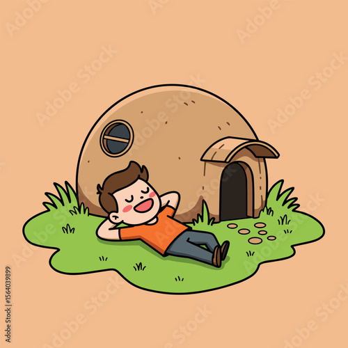 Cartoon character relaxing on grass near a cozy dome-shaped house with a warm background.