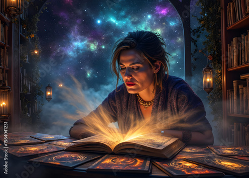 Woman studying a book that rays light.  She is a fortune teller with connection to cosmic forces. She is surrounded by tarot cards.