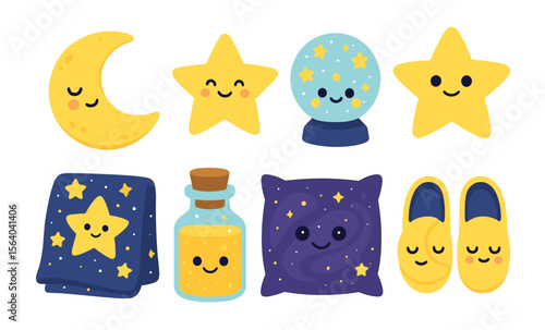 Cute cartoon nighttime objects with stars and smiles for cozy sleep