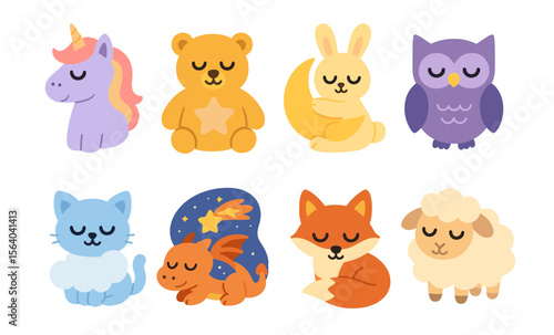 Adorable cartoon animals: unicorn, bear, bunny, owl, kitten, dragon, fox, sheep