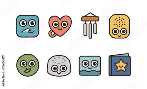 Cute sleep aid icons featuring heartbeat toy, lullaby speaker, and nature sound devices
