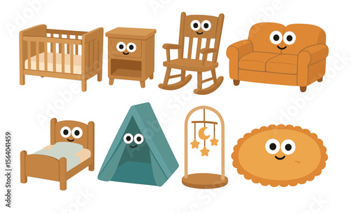 Cute cartoon furniture set with smiling faces for kids' rooms in playful design