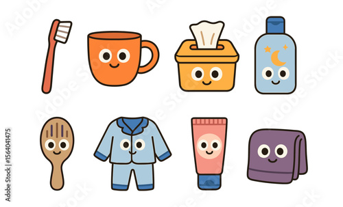 Cute cartoon nighttime essentials featuring toothy smiles and playful faces for kids' bedtime routine