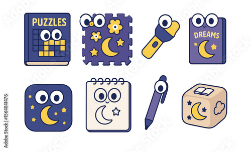 Whimsical night-themed icons: puzzles, flashlight, notebook, dreams, moon, pen, book, stars