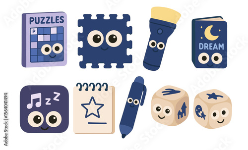 Cute vector set of cartoon toys and games with emotive faces for kids' entertainment