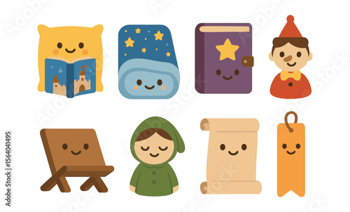 Cute storytime elements: smiling pillow, starry blanket, fairytale book, puppet, and characters