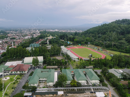 Aerial view stadium city landscape.