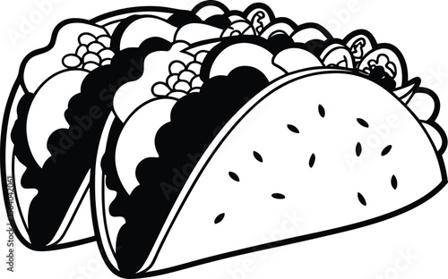 Two Black and White Tacos with Fillings Line Art Illustration Food Graphic Design mexican