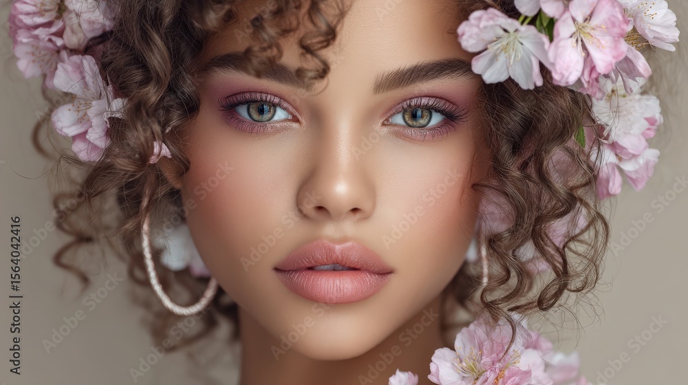 Naklejka premium A serene portrait of a woman adorned with flowers in her hair. AI-generated.